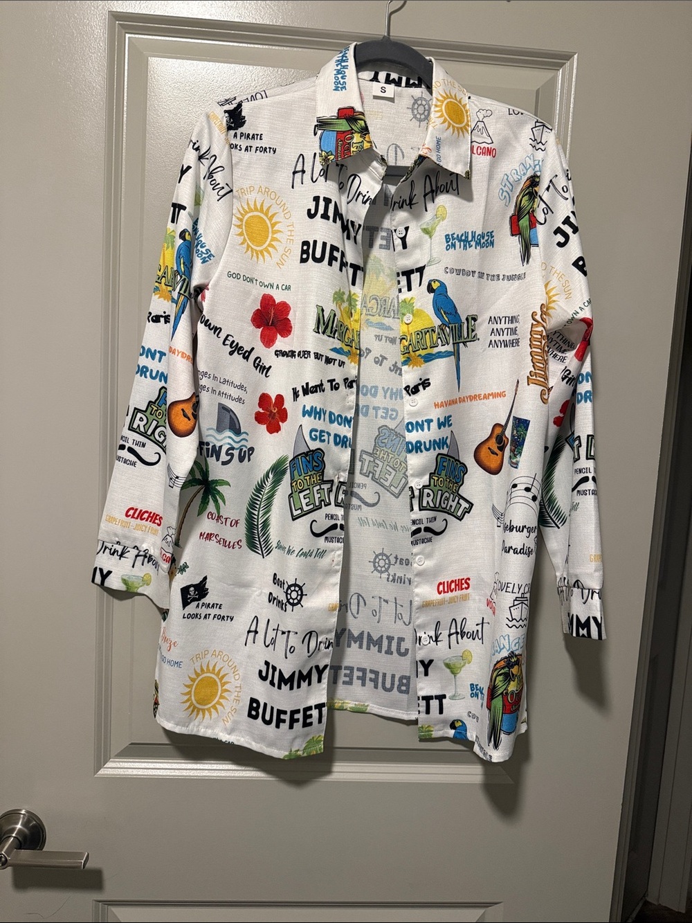 Women’s White “Jimmy Buffet” Graphic Button-Up Shirt